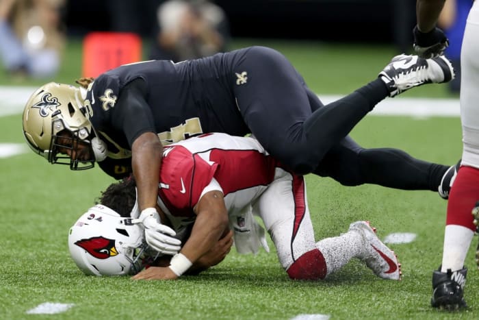 Oct 27, 2019; Arizona Cardinals quarterback Kyler Murray (1) is sacked by New Orleans Saints defensive end Cameron Jordan (94). Mandatory Credit: Chuck Cook-USA TODAY Sports